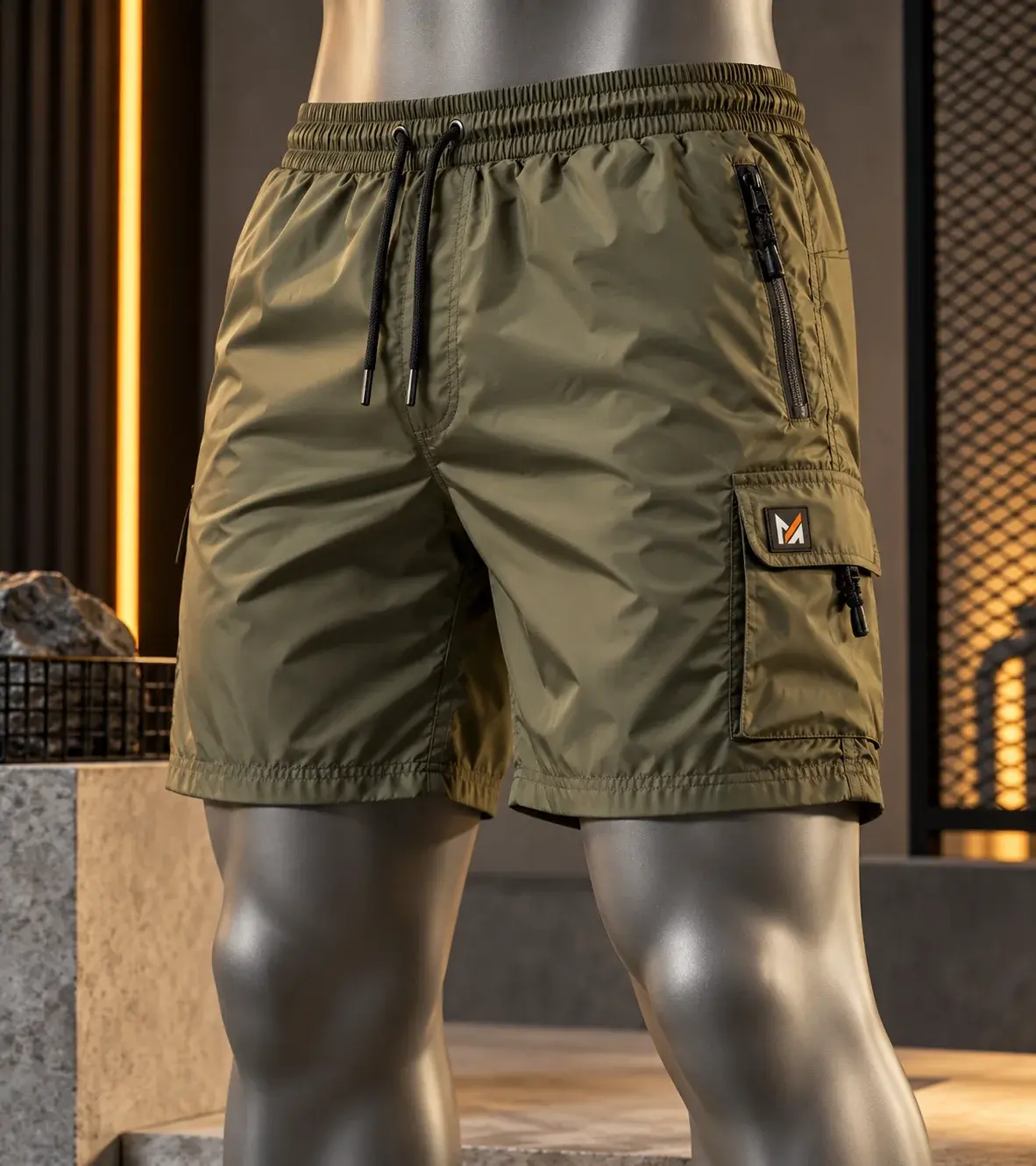 Olive green custom nylon cargo shorts displayed on a silver mannequin, featuring lightweight fabric, an elastic drawstring waistband, zippered pockets, and a Mega Apparel logo patch in a modern industrial studio.